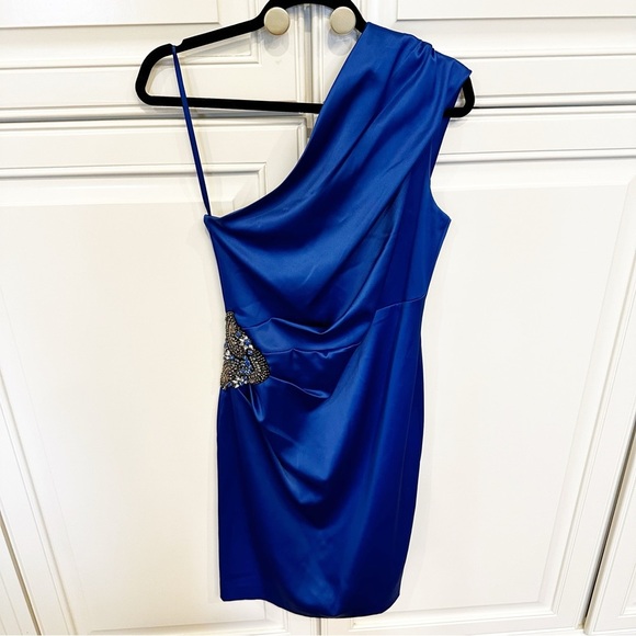 Eliza J Women’s Draped One Shoulder Royal Blue Jewel Rhinestone Cocktail Dress 6 - Picture 3 of 12